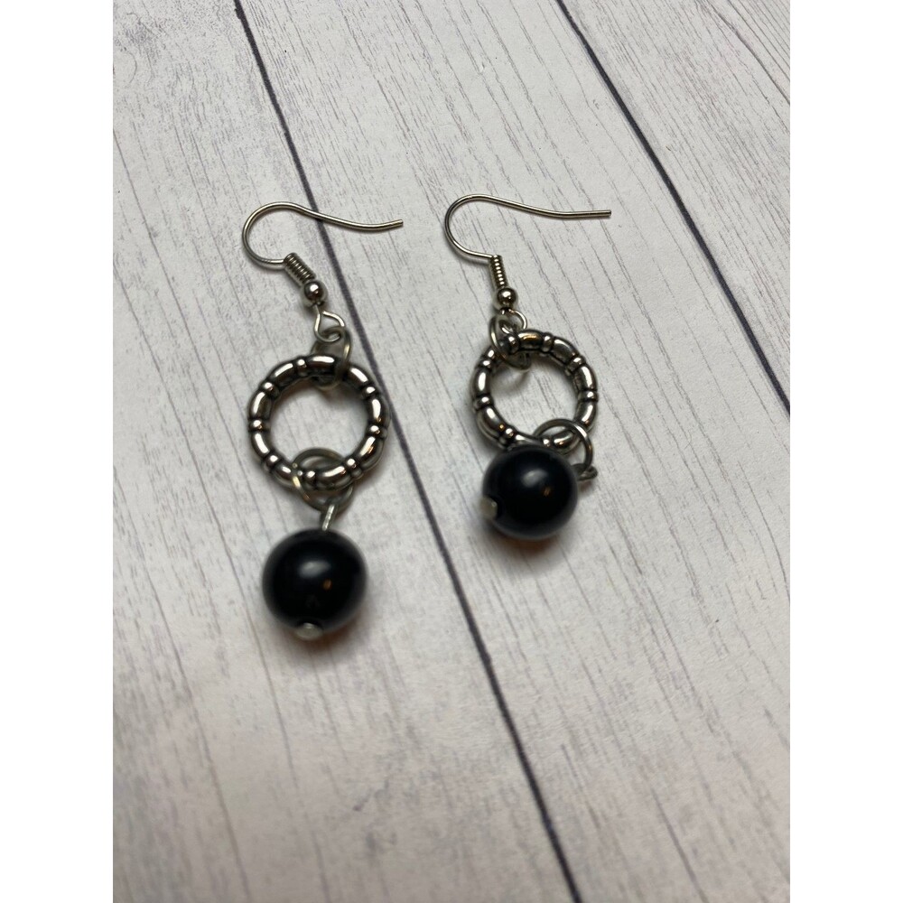 Silver Tone Hoop Dangle Earrings with Black Bead Drop 1.5 Inch - Picture 2 of 3